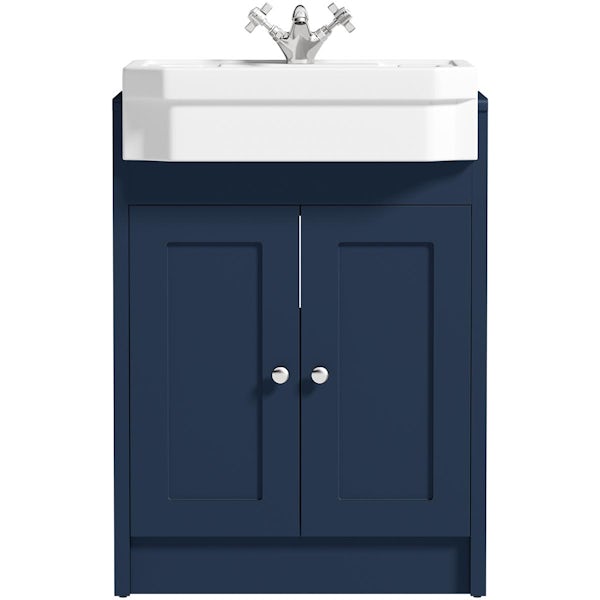 Orchard Dulwich navy floorstanding vanity unit and Eton semi recessed basin 600mm with tap