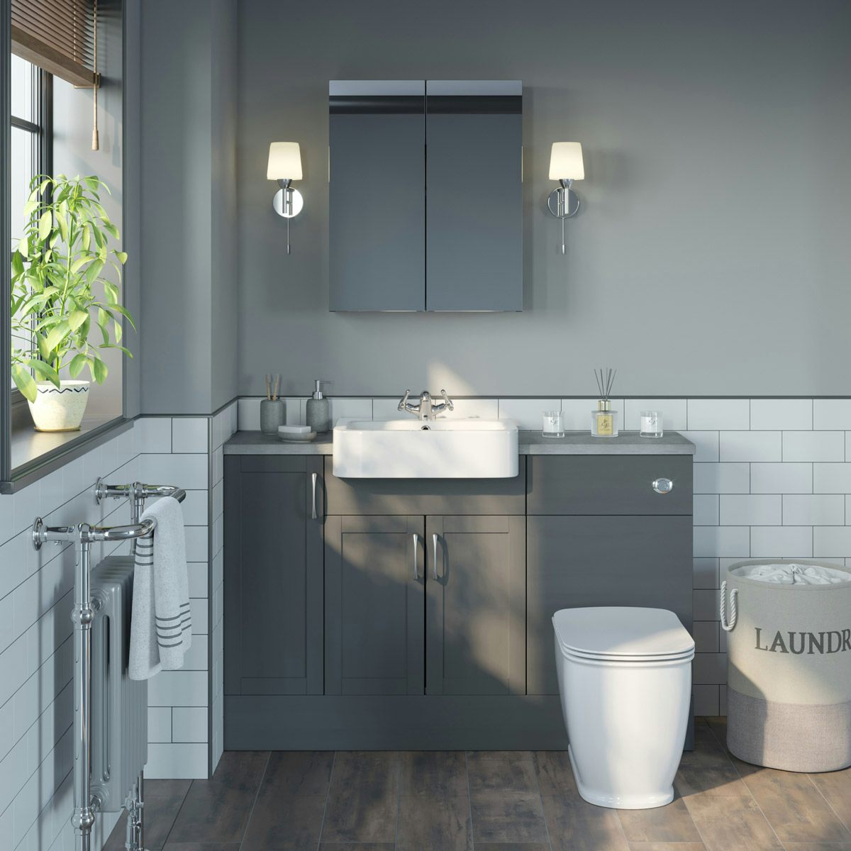 Reeves Newbury dusk grey small fitted furniture & mirror combination with pebble grey worktop