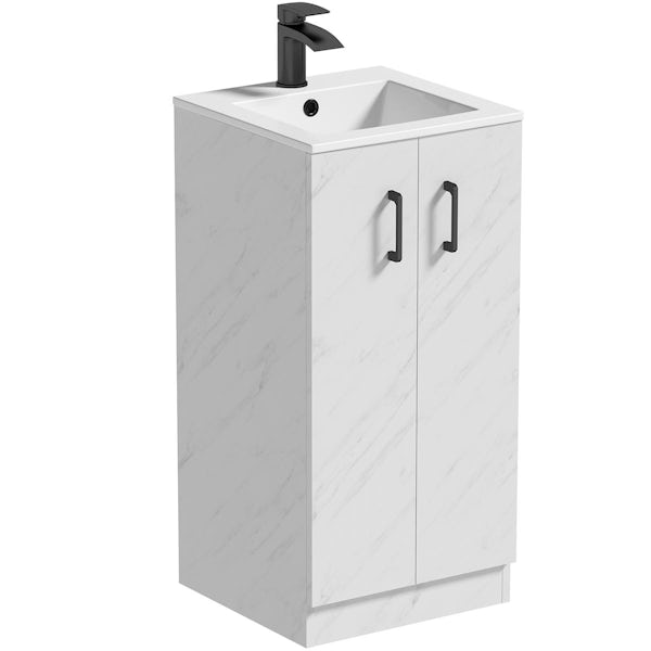 Orchard Lea marble floorstanding vanity unit with black handle 420mm and Derwent square close coupled toilet suite