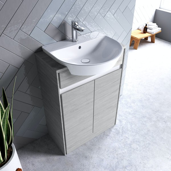 Ideal Standard Concept Air wood light grey and matt white vanity unit and semi recessed basin 600mm