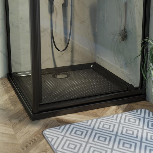 Orchard 6mm matt black pivot shower enclosure with black anti slip shower tray