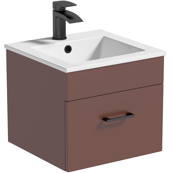 Orchard Lea tuscan red wall hung vanity unit with black handle 420mm and Derwent square close coupled toilet suite