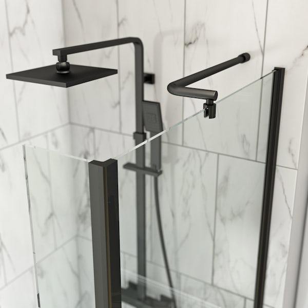 Orchard L shaped right handed shower bath with 6mm matt black shower screen with rail 1500 x 850