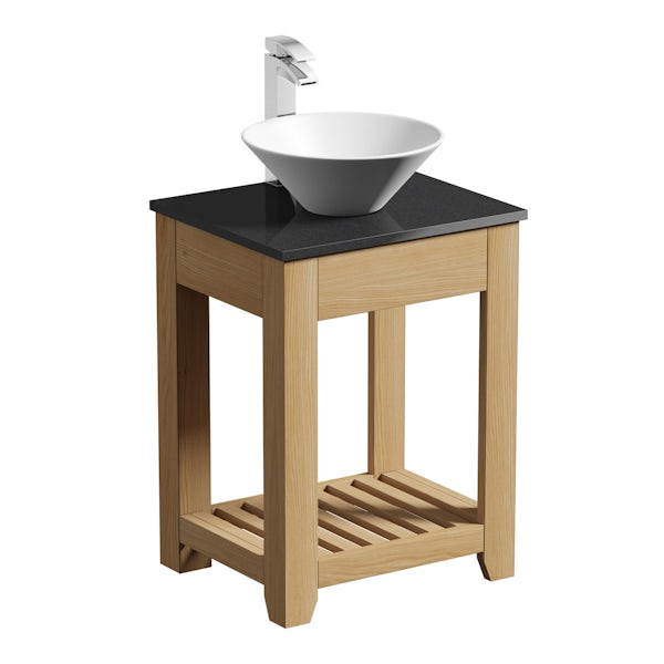 The Bath Co. Hoxton oak washstand with black marble top and Erie basin 600mm