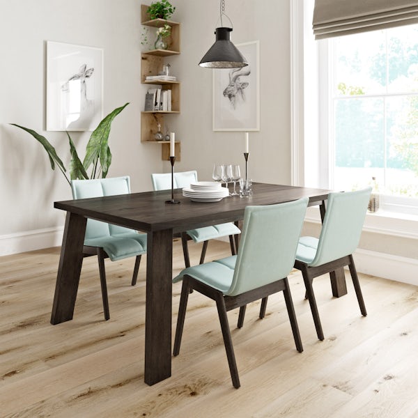 Lincoln walnut dining table with 4 x Hadley light cyan dining chairs