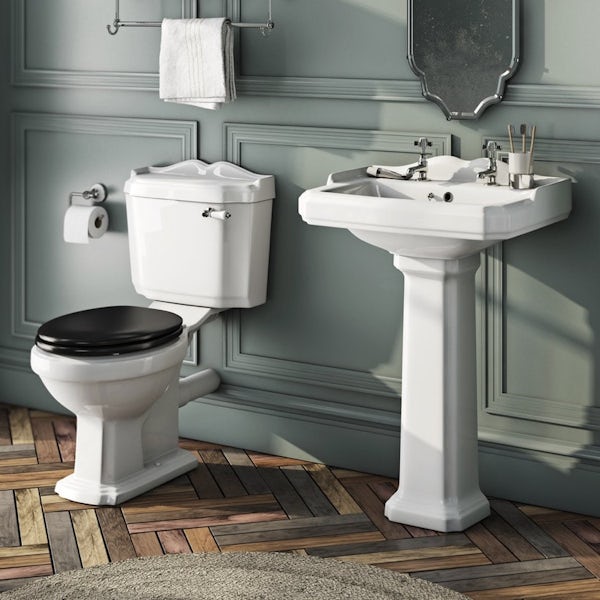 The Bath Co. Winchester cloakroom suite with black seat and full pedestal basin 600mm with tap and waste Back to product list Clone product