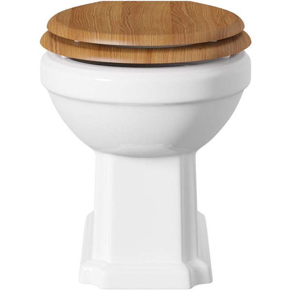 The Bath Co. Camberley back to wall toilet with oak effect wooden soft close seat