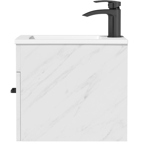 Orchard Lea marble wall hung vanity unit with black handle 420mm and Derwent square close coupled toilet suite