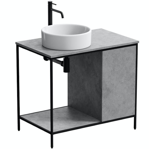 Mode Bergne dark concrete grey washstand with black steel frame, countertop basin and compact toilet