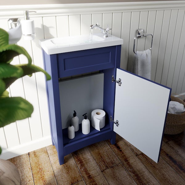 The Bath Co. Camberley close coupled toilet and navy vanity unit suite 460mm