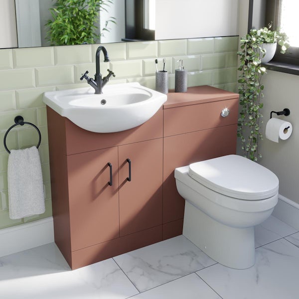 Orchard Lea tuscan red 1060mm combination with black handle and Eden back to wall toilet with seat