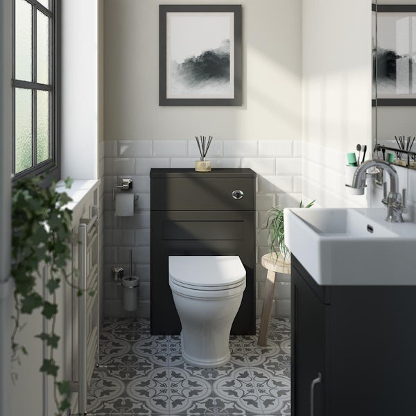 The Bath Co. Aylesford dark grey back to wall unit and rimless toilet with soft close seat