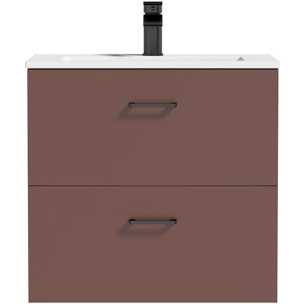Orchard Lea tuscan red wall hung vanity unit with black handle and ceramic basin 600mm