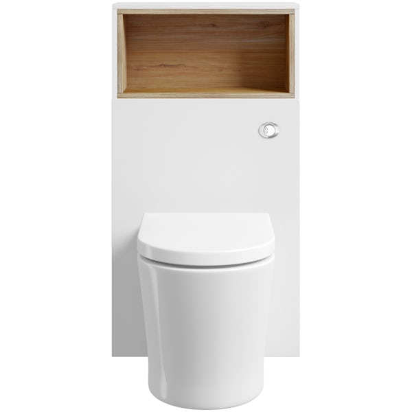 Mode Tate white & oak slimline back to wall toilet unit with contemporary toilet and seat