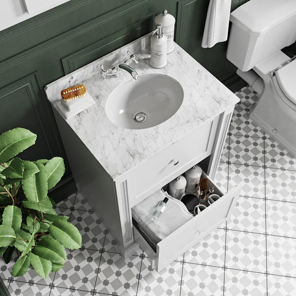 The Bath Co. Burghley matt white floorstanding vanity unit and white marble basin 650mm with tap