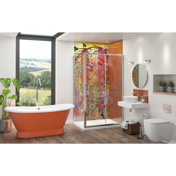 Louise Dear Yum Yum Orange bathroom suite with freestanding bath and shower enclosure