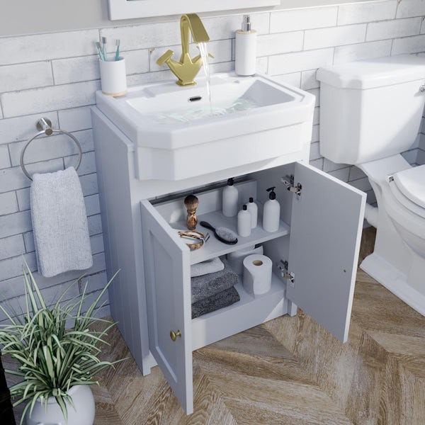 Orchard Dulwich matt white furniture package with Eton floorstanding vanity unit 600mm - brushed brass