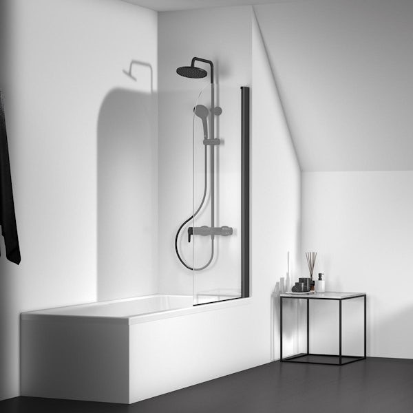 Ideal Standard silk black bathroom suite with straight bath, radius bath screen and mixer shower