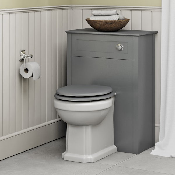 The Bath Co. Camberley satin grey back to wall unit and traditional toilet with satin grey wooden seat