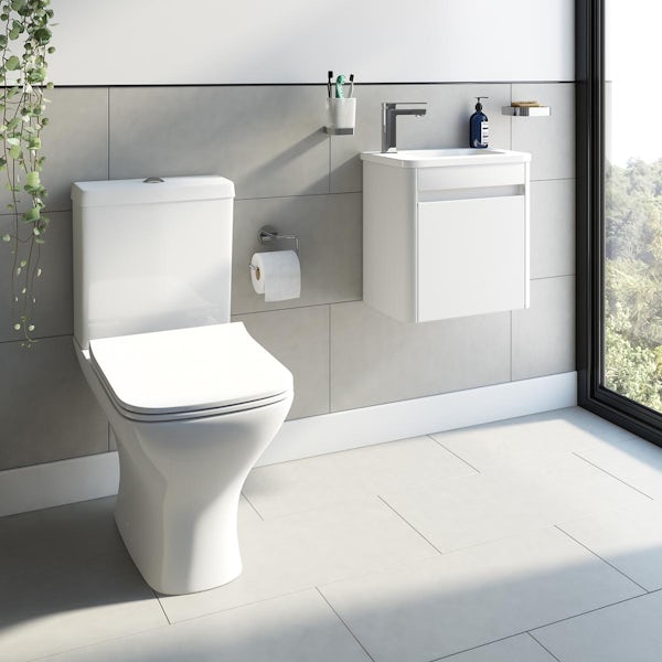 Mode De Gale white wall hung vanity unit left hand with compact close coupled toilet