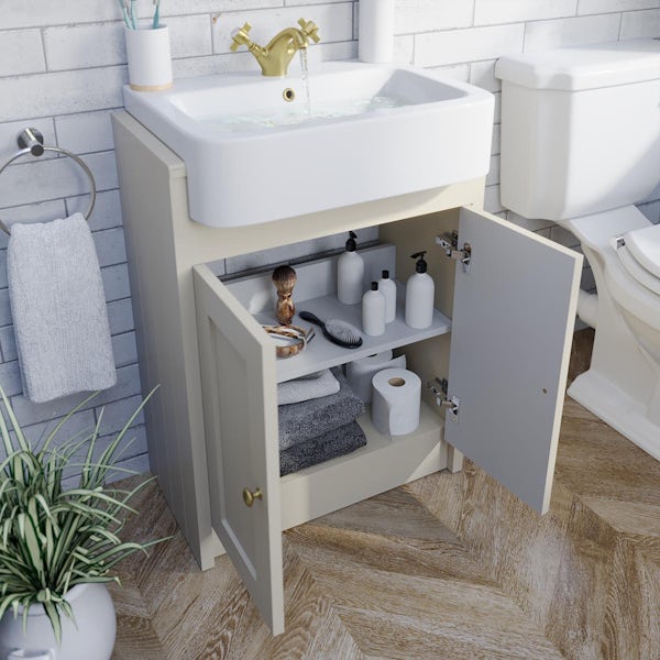 Orchard Dulwich stone ivory floorstanding vanity unit and semi recessed basin 600mm - brushed brass