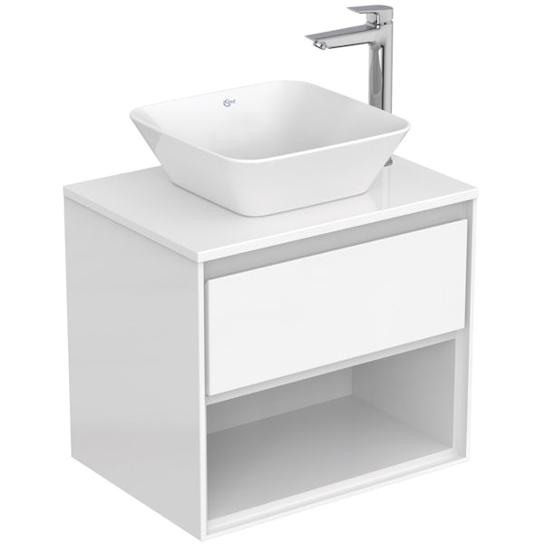 Ideal Standard Concept Air gloss and matt white wall hung countertop vanity unit and basin 600mm