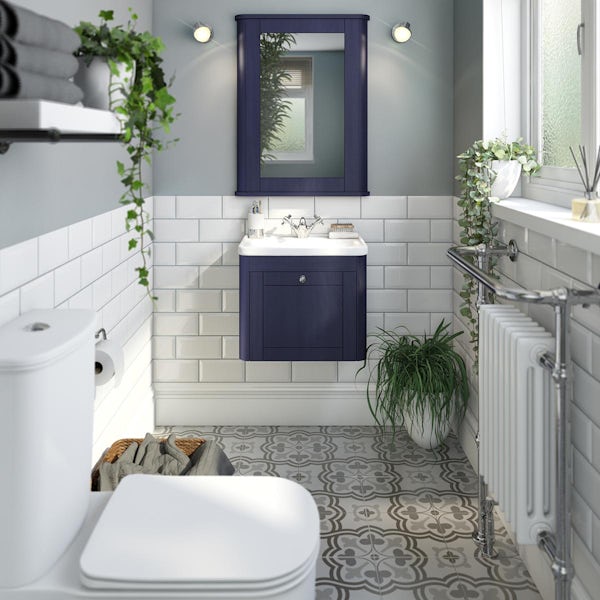 The Bath Co. Beaumont sapphire blue wall hung vanity unit and ceramic basin 500mm
