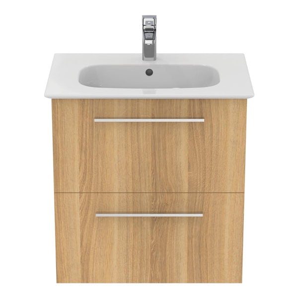 Ideal Standard i.life A natural oak wall hung vanity unit with 2 drawers and brushed chrome handles 640mm