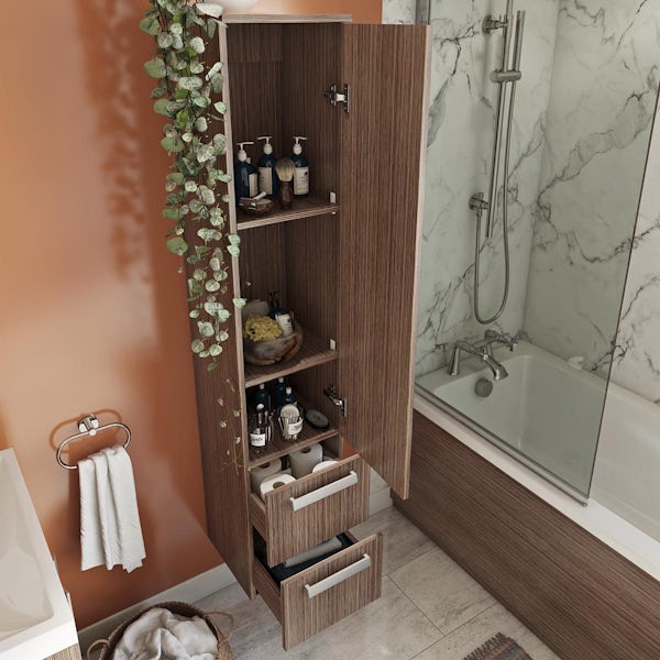 Orchard Wye walnut floorstanding double vanity unit and basin with storage unit set