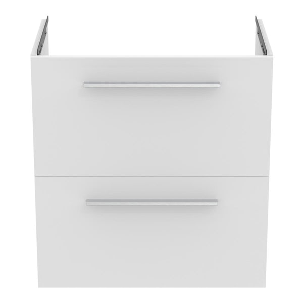 Ideal Standard i.life S matt white wall hung vanity unit with 2 drawers and brushed chrome handle 600mm