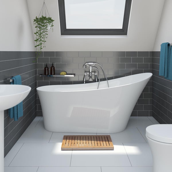 Mode Hardy freestanding single ended slipper bath with traditional freestanding bath tap and standpipes 1710 x 800