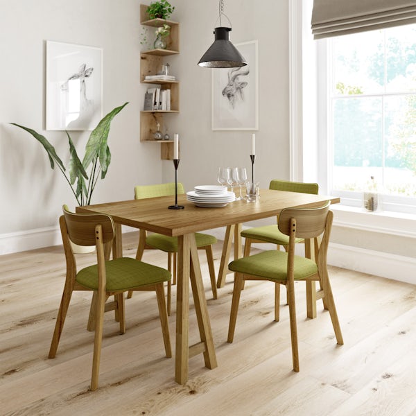 Hudson Oak Table with 4x Harrison green chairs