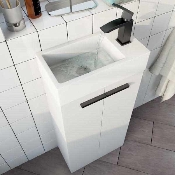 Clarity Compact white floorstanding vanity unit and basin 410mm with tap and black handles