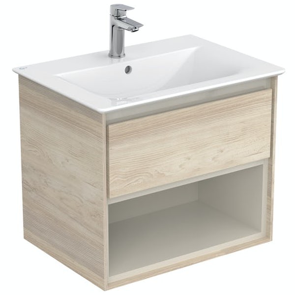 Ideal Standard Concept Air wood light brown open wall hung vanity unit and basin 600mm with free tap