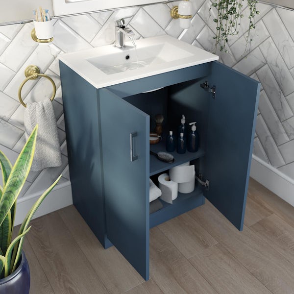 Orchard Lea ocean blue floorstanding vanity unit 600mm and Derwent square close coupled toilet suite