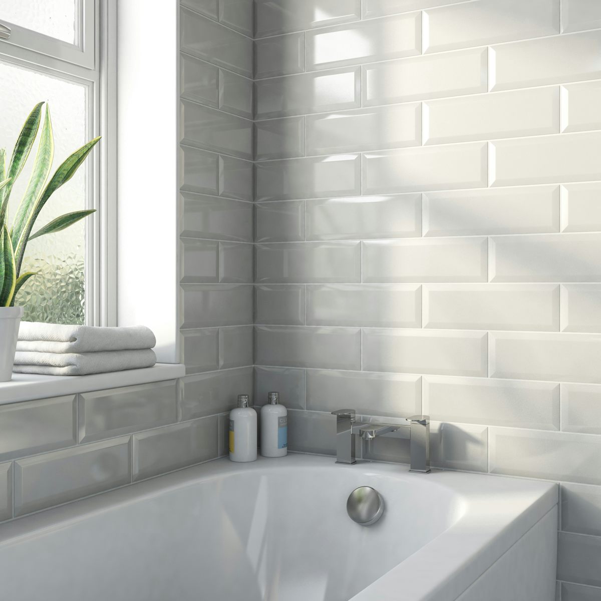 Maxi Metro Subway Light Grey Bevelled Gloss Wall Tile 100Mm X 300Mm | Victoriaplum.com