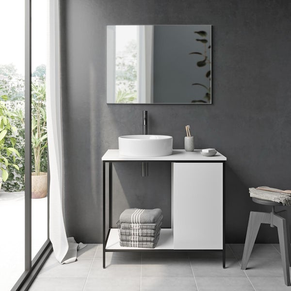 Mode Bergne white washstand and black steel frame 812mm with Calhoun countertop basin, tap, waste and trap