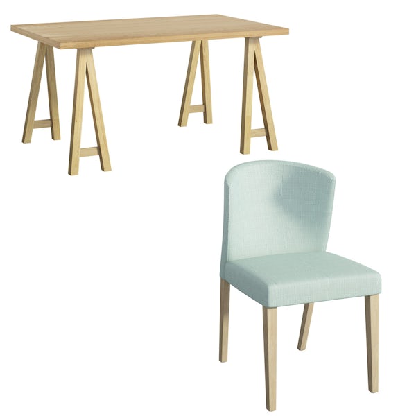 Hudson oak trestle table with 4 x Hudson light cyan dining chairs