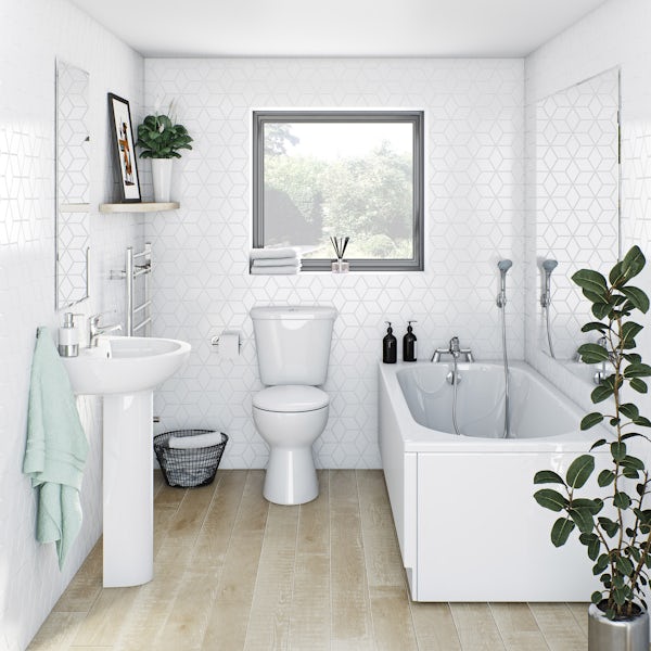 Clarity II complete bathroom suite with straight bath, shower and taps
