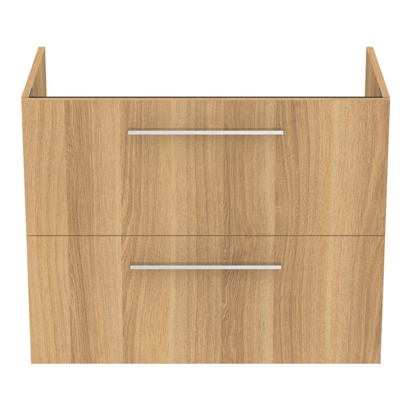Ideal Standard i.life A natural oak wall hung vanity unit with 2 drawers and brushed chrome handles 840mm