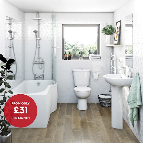 Clarity bathroom suite with right handed P shaped shower bath, shower and taps