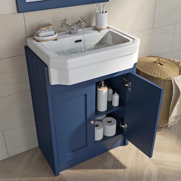Orchard Dulwich navy floorstanding double vanity unit and Eton basin with open storage