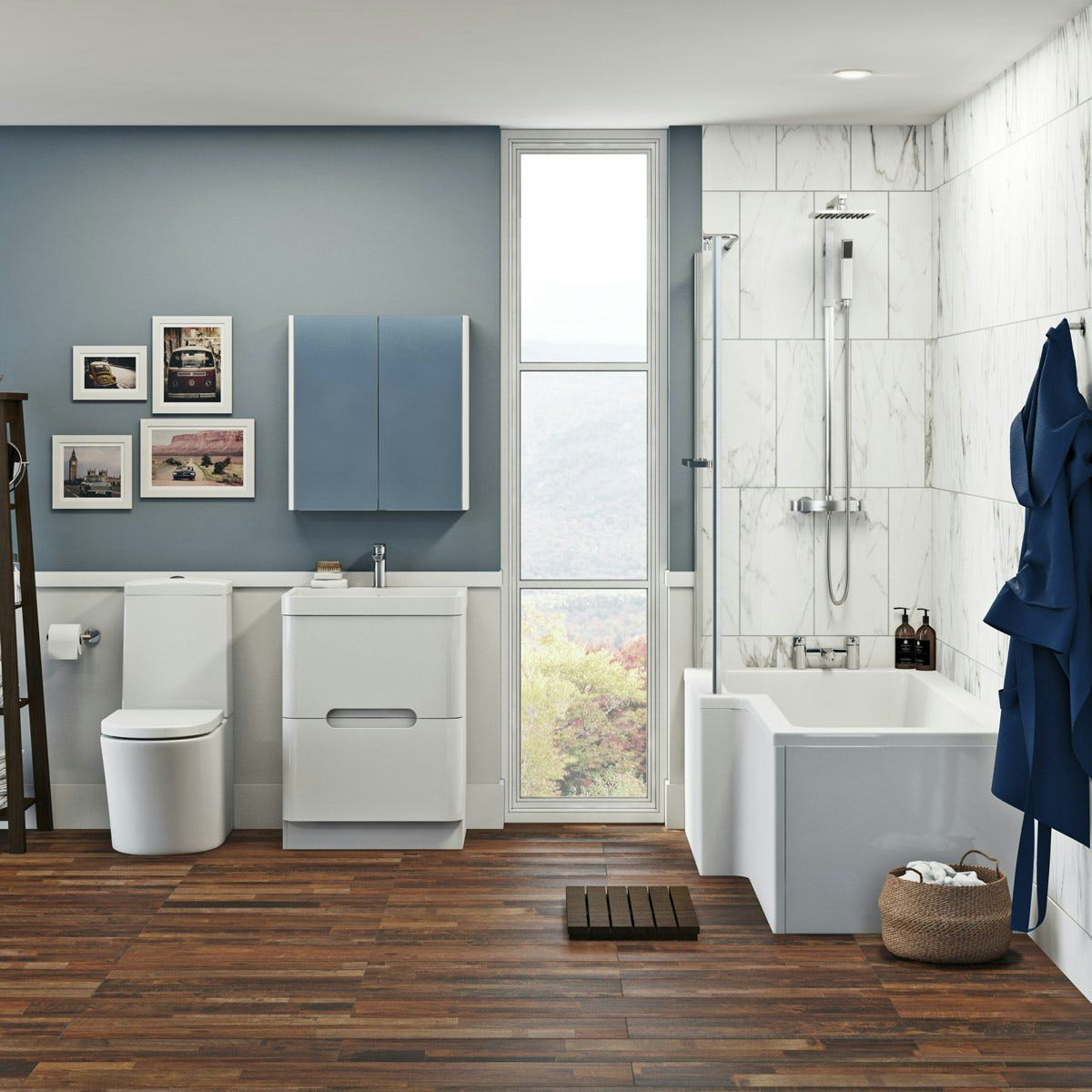 Mode Tate bathroom suite with left handed shower bath and white drawer unit 600mm