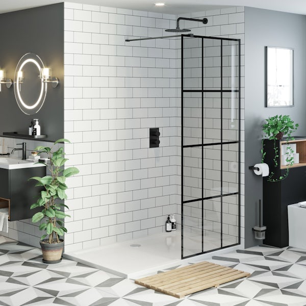 Mode 8mm black framed panel with stone shower tray 1200 x 800