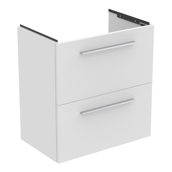 Ideal Standard i.life S matt white wall hung vanity unit with 2 drawers and brushed chrome handle 600mm