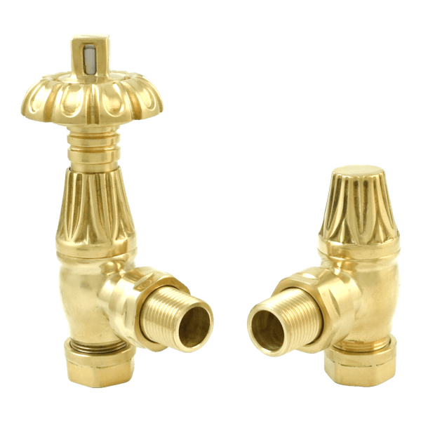 The Heating Co. Ornate thermostatic angled radiator valves with lockshield - polished brass