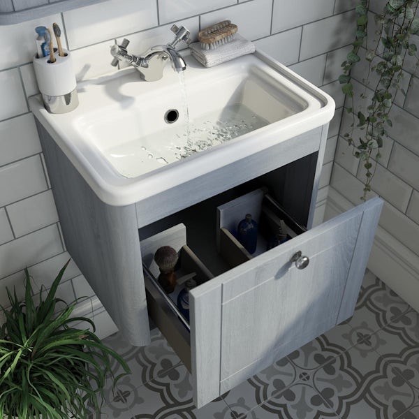 The Bath Co. Beaumont powder blue wall hung vanity unit and ceramic basin 500mm with tap