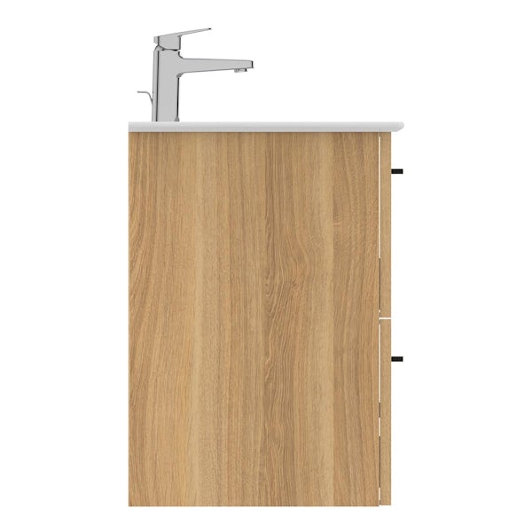Ideal Standard i.life A natural oak wall hung vanity unit with 2 drawers and black handles 640mm