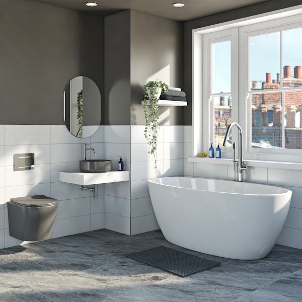Mode Orion complete bathroom suite with contemporary charcoal grey wall hung toilet and freestanding bath