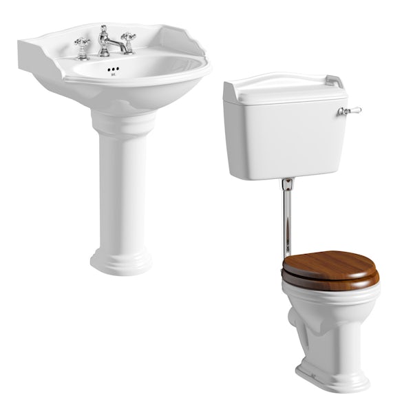The Bath Co. Charlet low level toilet and full pedestal suite with chrome fittings and taps